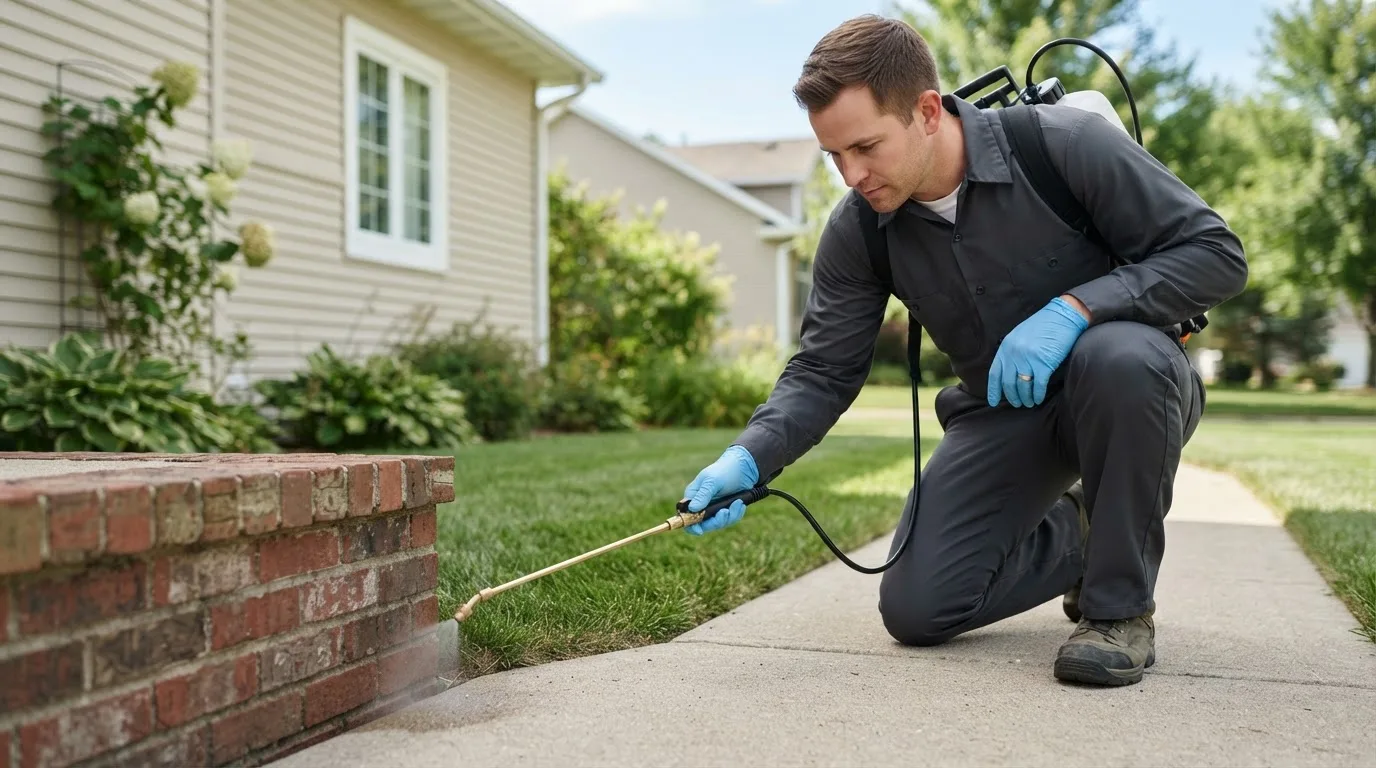 Pest control technician treating a home near Starkweather, ND
