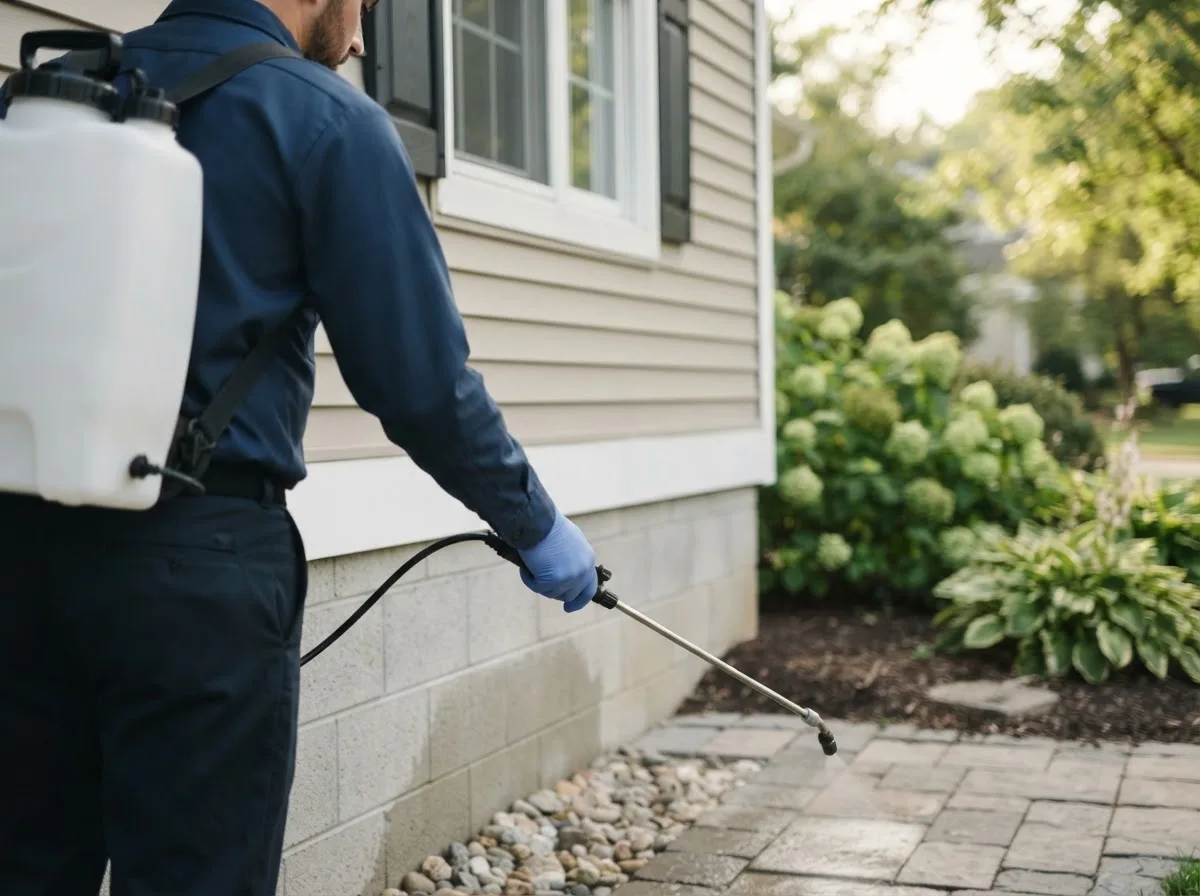 Pest control technician inspecting a home in Starkweather, ND